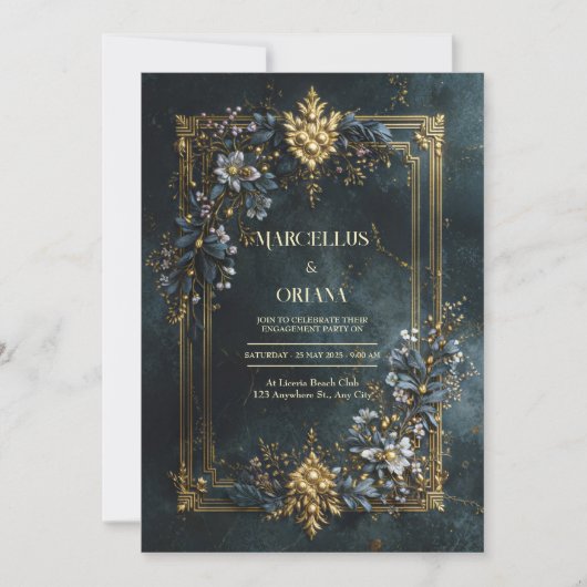 Luxury Baroque Gold Frame Dark Teal Floral Wedding Einladung (Vorderseite)