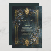 Luxury Baroque Gold Frame Dark Teal Floral Wedding Einladung (Vorne/Hinten)