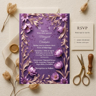 Luxury Baroque Opulent Purple Tulips Gold Wedding Einladung
