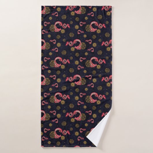 Luxury Bath Towel with Red Chinese Dragons & Gold Badehandtuch (Badehandtuch)
