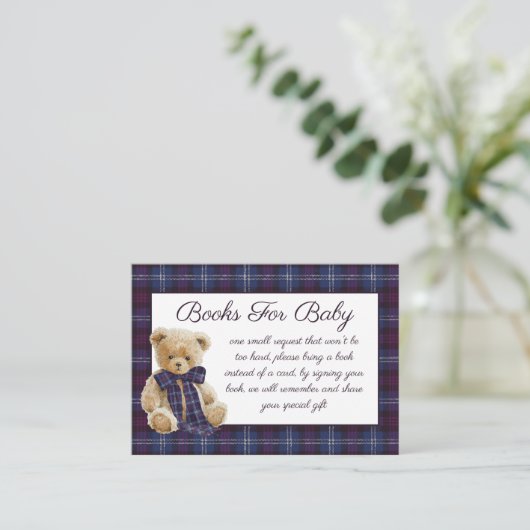 Luxury Bear Plaid Bow Baby Shower Book Request Begleitkarte (Stehend Vorderseite)