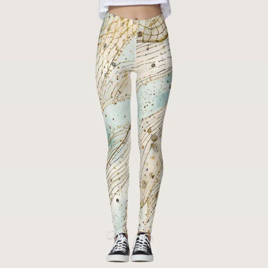 Luxury, Beautiful Gold Beigi Soft Blue Pattern Leggings (Vorderseite)