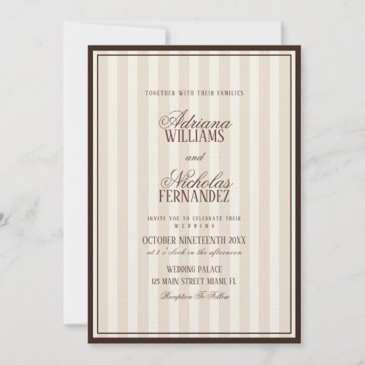 Luxury Beige Espresso Stripes Wedding Einladung (Vorderseite)