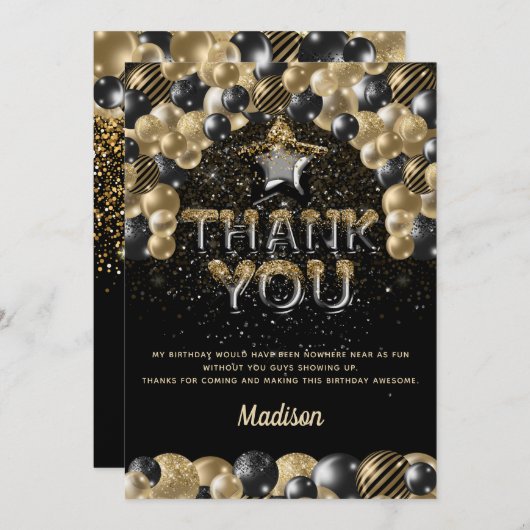 Luxury Birthday Black Gold Balloon Letters Dankeskarte (Vorne/Hinten)