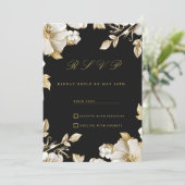 Luxury black and gold floral RSVP Einladung (Stehend Vorderseite)
