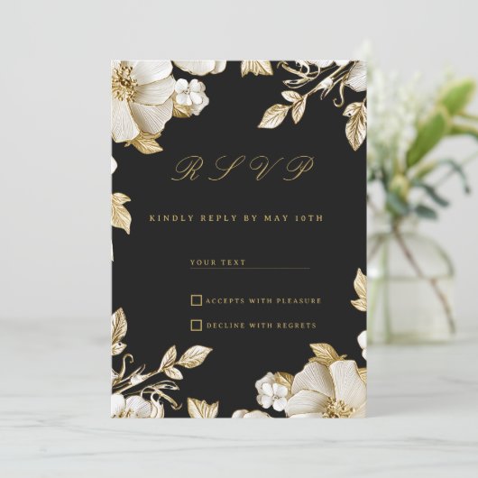 Luxury black and gold floral RSVP Einladung (Stehend Vorderseite)