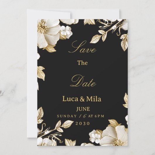 Luxury black and gold floral Save the Date Einladung (Vorderseite)