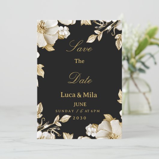 Luxury black and gold floral Save the Date Einladung (Stehend Vorderseite)