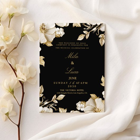 Luxury black and gold floral Wedding Einladung