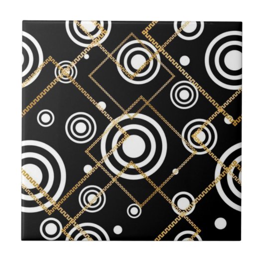 Luxury Black and White CirclesGold Chain Geometric Fliese (Vorderseite)