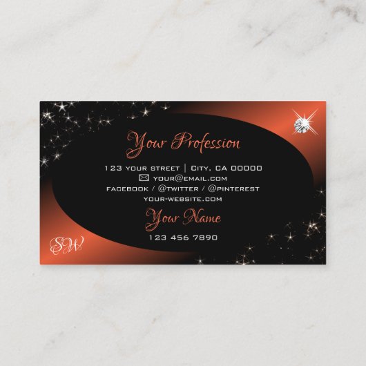 Luxury Black Blush Glitzer Stars Jewels Monogram Visitenkarte (Rückseite)