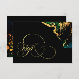 Luxury Black Emerald Gold Wedding RSVP Karte