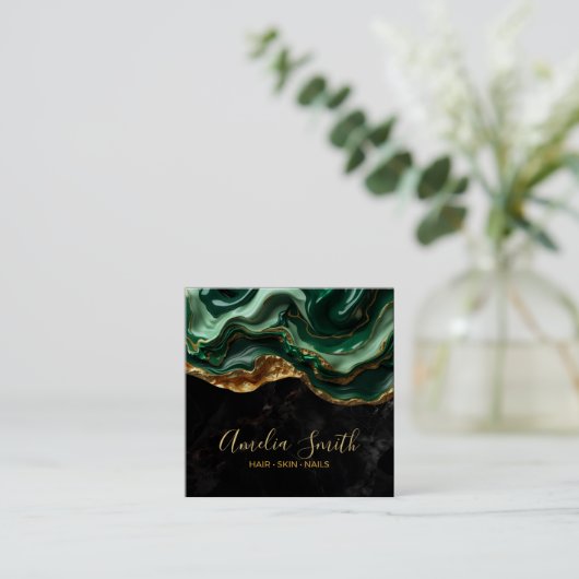 Luxury Black & Emerald Green Marble with Gold Glit Quadratische Visitenkarte (Stehend Vorderseite)