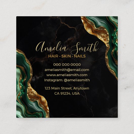 Luxury Black & Emerald Green Marble with Gold Glit Quadratische Visitenkarte (Rückseite)