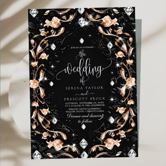 Luxury Black Floral Diamonds Wedding Einladung