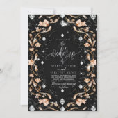 Luxury Black Floral Diamonds Wedding Einladung (Vorderseite)