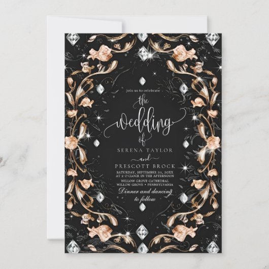 Luxury Black Floral Diamonds Wedding Einladung (Vorderseite)