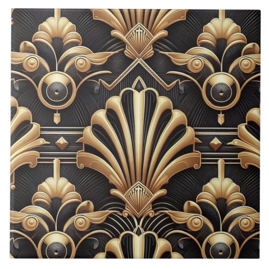 Luxury Black & Gold Art Deco Ceramic Tile  Fliese (Vorderseite)