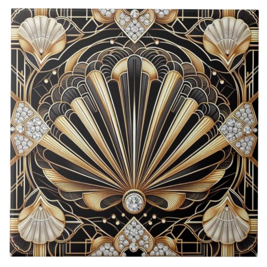 Luxury Black & Gold Art Deco Ceramic Tile  Fliese (Vorderseite)