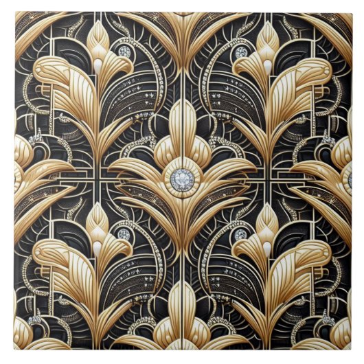 Luxury Black & Gold Art Deco Ceramic Tile  Fliese (Vorderseite)