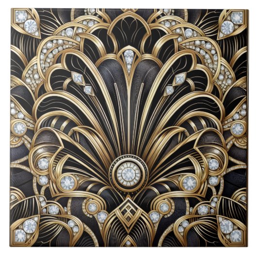 Luxury Black & Gold Art Deco Ceramic Tile  Fliese (Vorderseite)