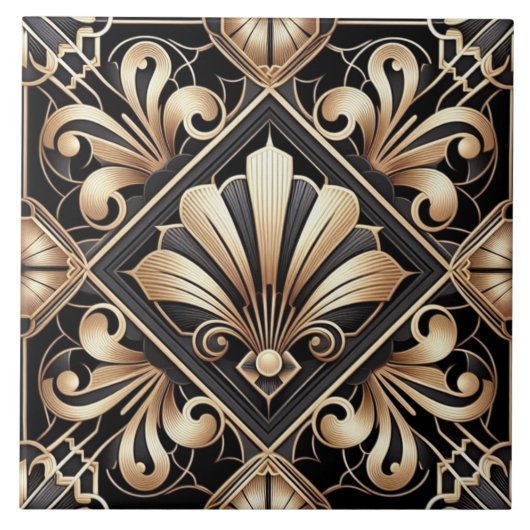 Luxury Black & Gold Art Deco Ceramic Tile  Fliese (Vorderseite)