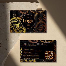 Luxury Black & Gold Baroque Custom Logo QR Code Visitenkarte