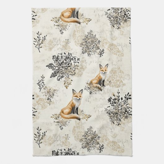 Luxury Black & Gold Botanical Fox Art (1) Geschirrtuch (Vertikal)