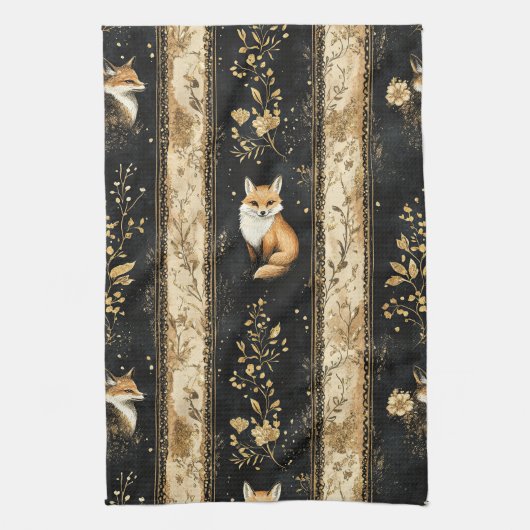 Luxury Black & Gold Botanical Fox Pattern (1) Geschirrtuch (Vertikal)