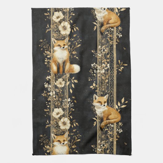 Luxury Black & Gold Botanical Fox Pattern (2) Geschirrtuch (Vertikal)