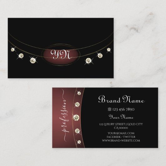 Luxury Black Gold Burgundy Initials Rhinestones Visitenkarte (Vorne/Hinten)