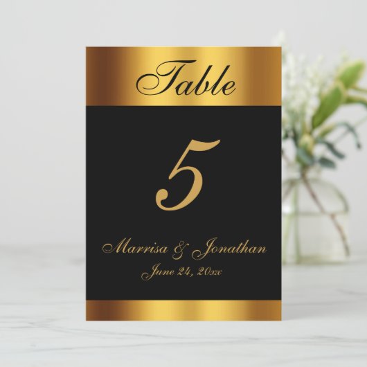 Luxury Black Gold Calligraphy Wedding Tischnummer (Stehend Vorderseite)