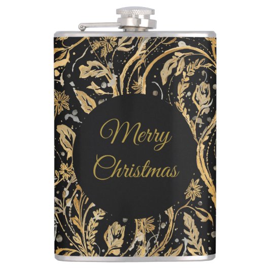 Luxury Black Gold Flowers Pattern, Merry Christmas Flachmann (Vorderseite)