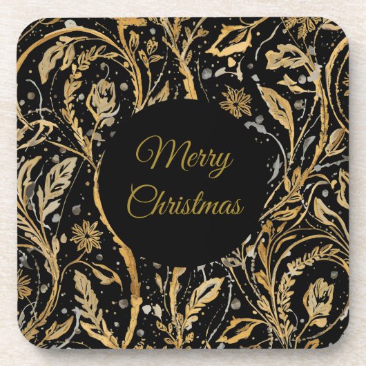 Luxury Black Gold Flowers Pattern, Merry Christmas Getränkeuntersetzer (Vorderseite)