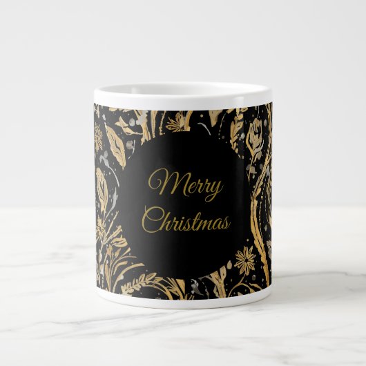 Luxury Black Gold Flowers Pattern, Merry Christmas Jumbo-Tasse (Vorderseite)