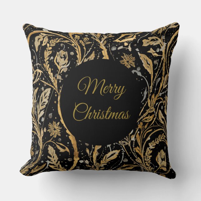 Luxury Black Gold Flowers Pattern, Merry Christmas Kissen (Vorderseite)