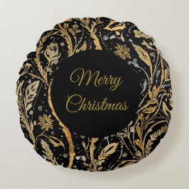 Luxury Black Gold Flowers Pattern, Merry Christmas Rundes Kissen