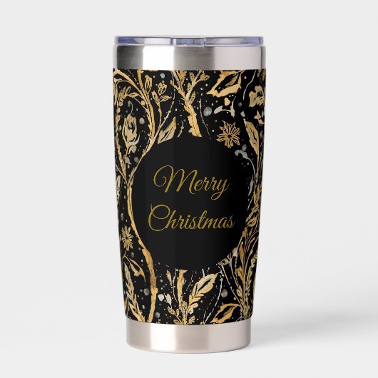Luxury Black Gold Flowers Pattern, Merry Christmas Thermobecher (Rückseite)