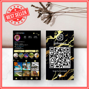 LUXURY Black & Gold Instagram Marble Agate QR Visitenkarte