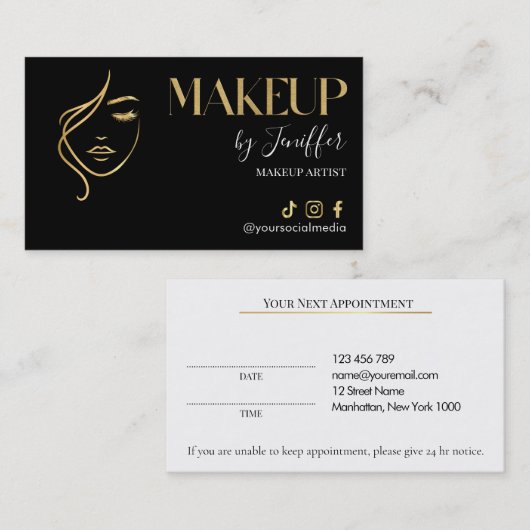 Luxury Black & Gold Makeup Appointment Card Terminkarte (Vorne/Hinten)