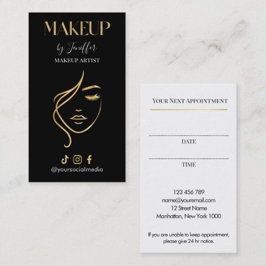 Luxury Black & Gold Makeup Appointment Card Terminkarte (Vorne/Hinten)