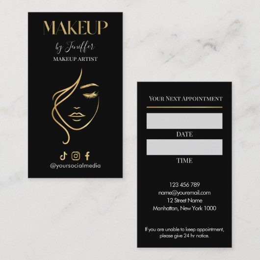 Luxury Black & Gold Makeup Appointment Card Terminkarte (Vorne/Hinten)