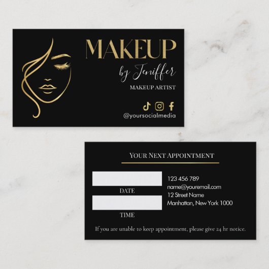 Luxury Black & Gold Makeup Appointment Card Terminkarte (Vorne/Hinten)