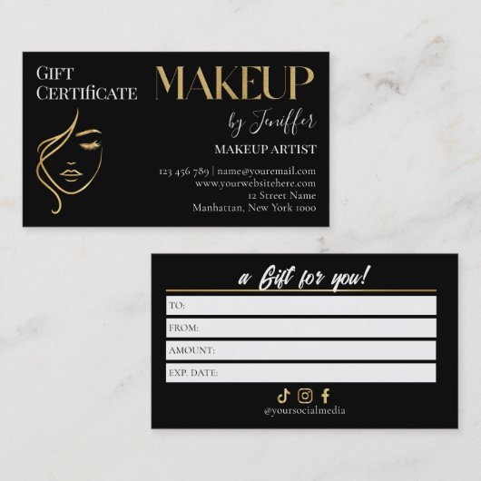 Luxury Black & Gold Makeup Gift Certificate Card Treuekarte (Vorne/Hinten)