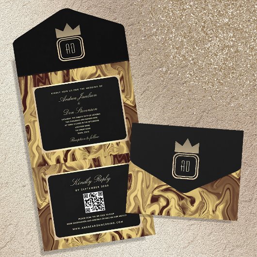 Luxury Black Gold Marmor Monogram Wedite Einladung