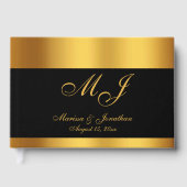 Luxury Black Gold Monogram Script Hochzeit Gästebuch (Vorderseite)