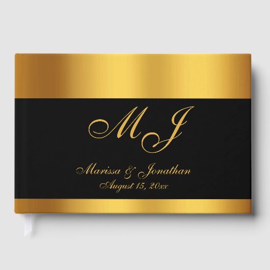 Luxury Black Gold Monogram Script Hochzeit Gästebuch (Vorderseite)