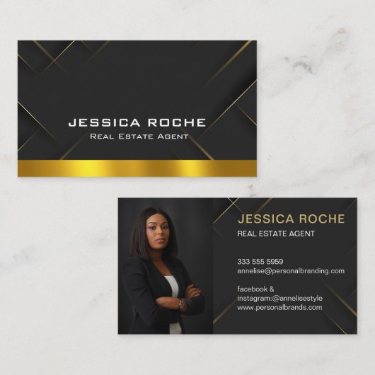 Luxury Black Gold Photo Real Estate Agent QR Code Visitenkarte (Vorne/Hinten)