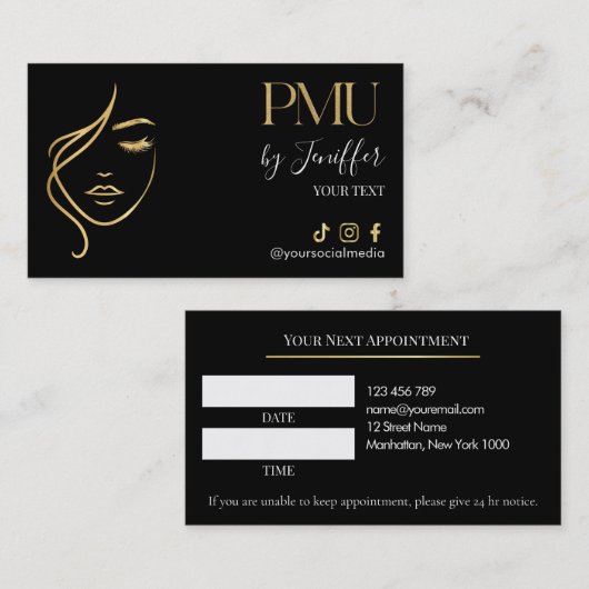 Luxury Black & Gold PMU Appointment Card Terminkarte (Vorne/Hinten)