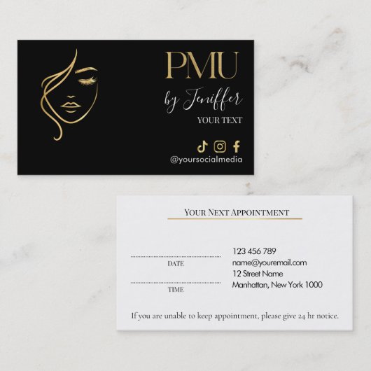 Luxury Black & Gold PMU Appointment Card Terminkarte (Vorne/Hinten)